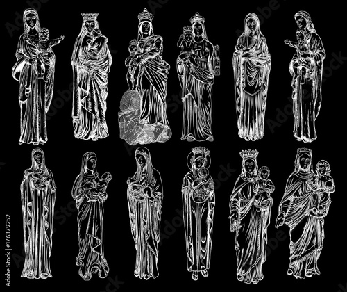 Set of Mother Mary with Jesus Christ baby in her hands. Mother of God with a child. The Nativity or the Birth of the Blessed Jesus Christ. Blackwork adult flesh tattoo concept. Vector.