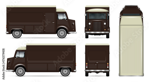 Retro food truck vector mock up for car branding, advertising, corporate identity. Mobile kitchen van template. All layers and groups well organized for easy editing. View from side, front, back, top.