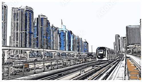 Vector illustration with sketch of Tram metro and buildings in Dubai, UAE. photo