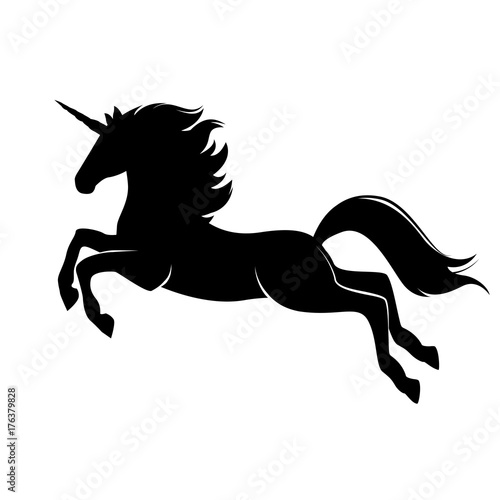 Silhouette of magic cute unicorn. Stylish icon, template, background, tattoo. Print for t-shirt. Hand drawn vector illustration, outline black on white, isolated. 