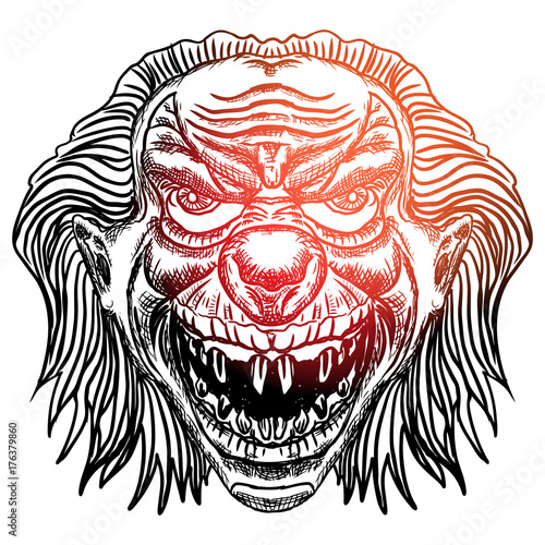 Blackwork adult flesh tattoo concept of devil clown head inspired by nightmare and satanic influence. Scary clown face with smile. Possessed by demon smiling mascot. Vector.