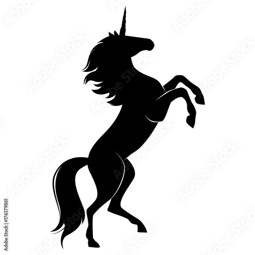 Silhouette of magic cute unicorn. Stylish icon, template, background, tattoo. Print for t-shirt. Hand drawn vector illustration, outline black on white, isolated.   
