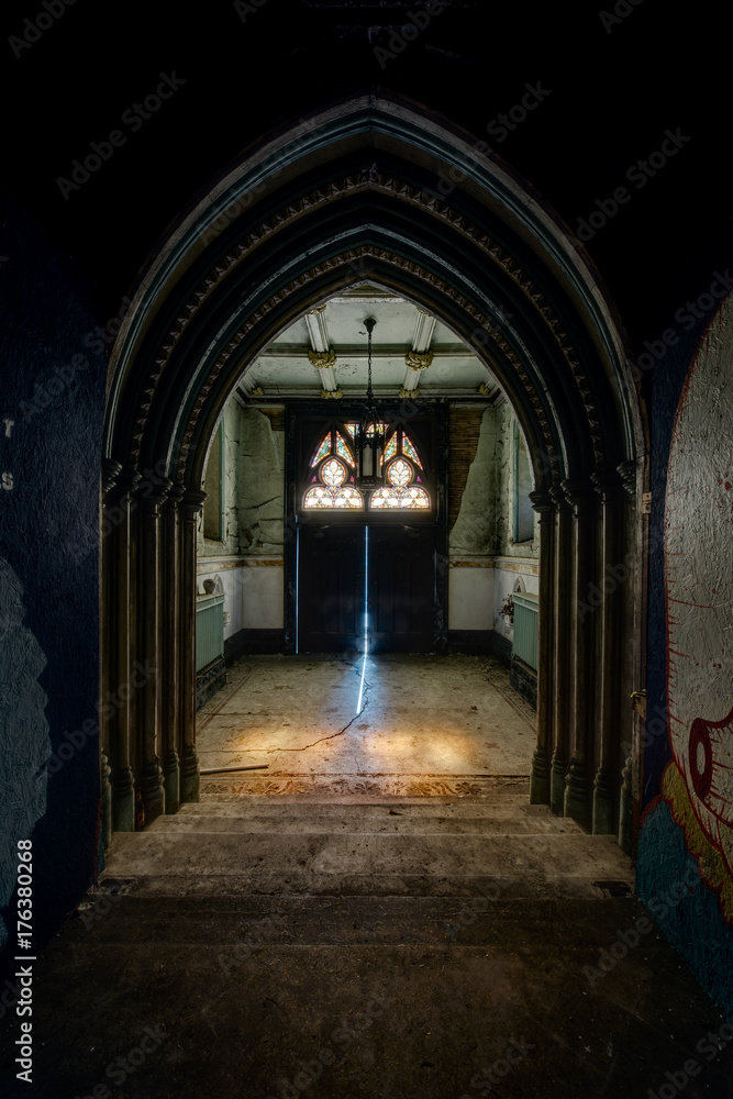 Arched Entry and Front Door with Stained Glass Transom - Abandoned Church - New York