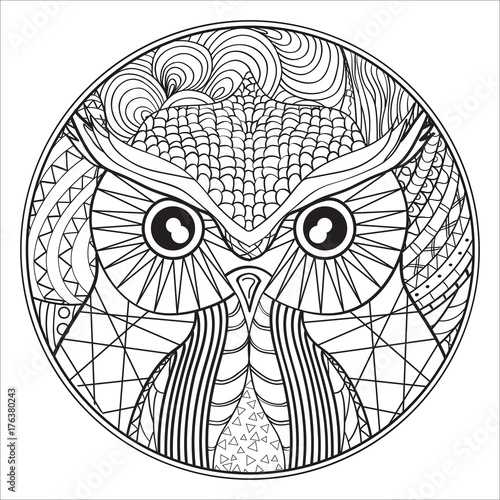 Fototapeta Naklejka Na Ścianę i Meble -  Mandala. Owl. Zentangle. Hand drawn circle zendala with abstract patterns on isolation background. Design for spiritual relaxation for adults. Line art. Black and white illustration for coloring.