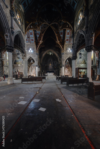 Sanctuary with Scattered Papers and Pews - Abandoned Church - New York © Sherman Cahal