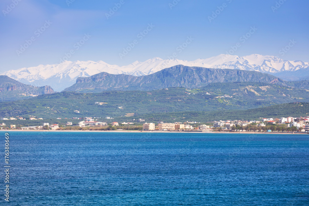 Coastline of Kissamos town on Crete with Samaria mountains, Greece