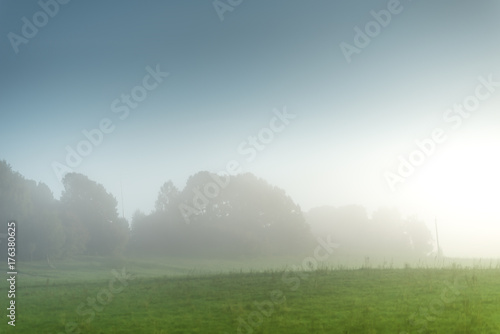 thick morning fog in the summer field.