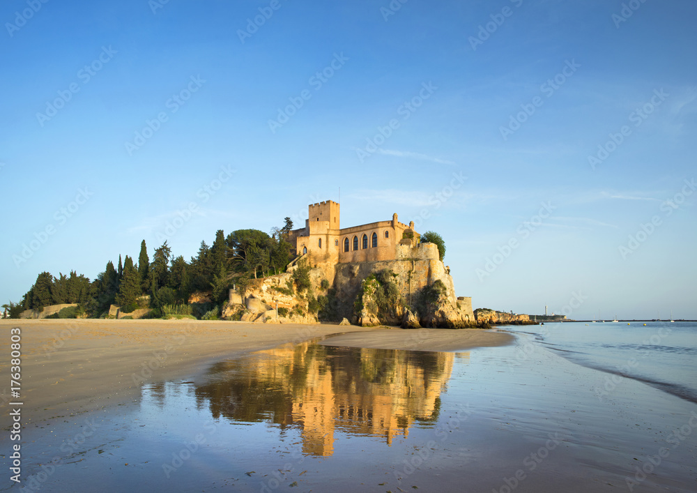 Fototapeta premium golden castle on the beach with reflections in Portugal