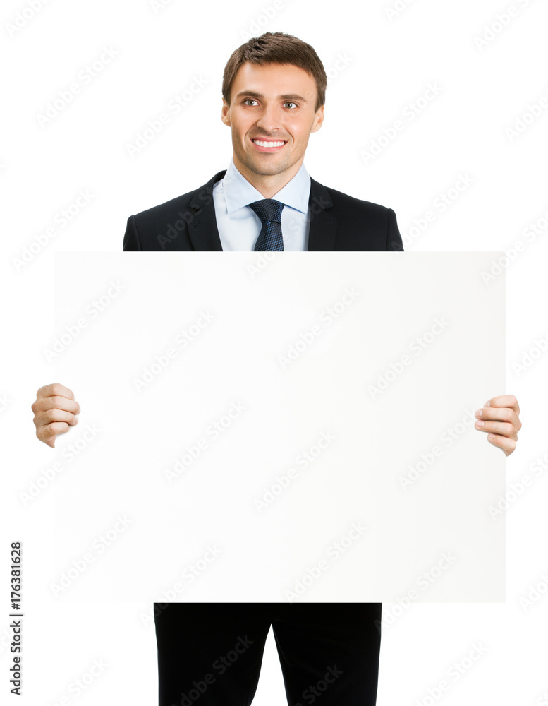 Businessman showing signboard, on white Businessman showing signboard, on white