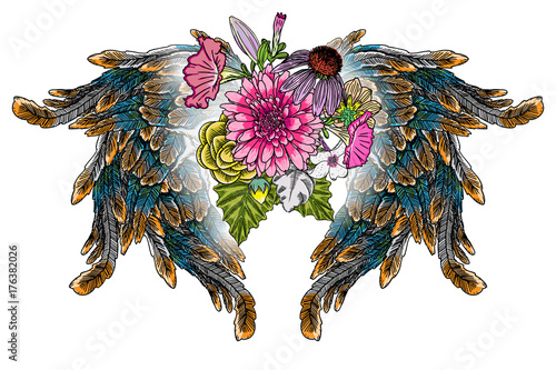 Ornate fashioned wings and elegant vintage flower bouquet, isolated Victorian motif style art. Rose and flowers with angel or bird wings flash tattoo design elements. Drawing girl style. Vector.