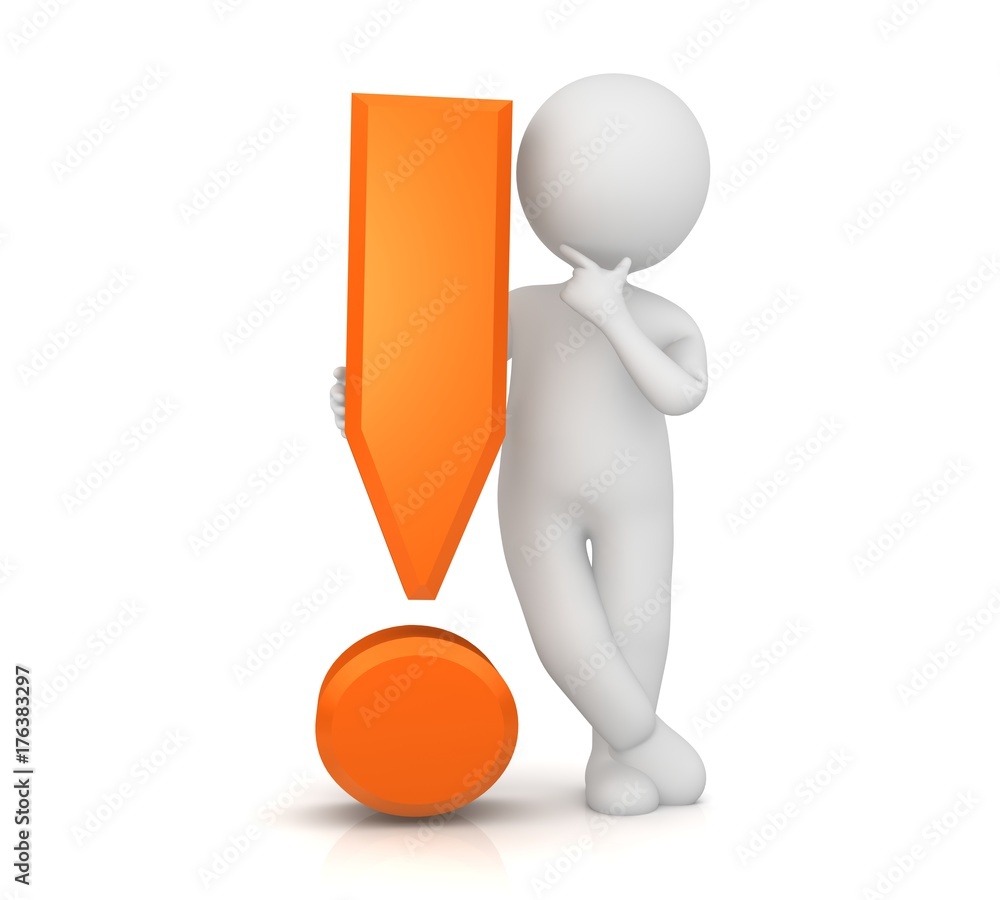 thinking man hand on chin exclamation mark exclamation point orange 3d with stick man solving problems isolated on white thinking man hand on chin exclamation mark exclamation point orange 3d with stick man solving problems isolated on white