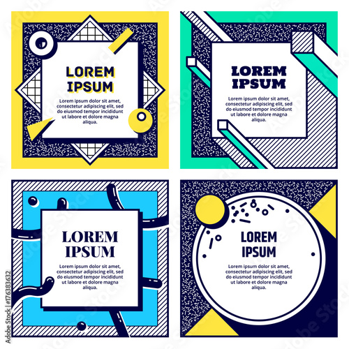 Set of cool memphis style cards. Collection of geometric flyers. Retro templates for banners, advertising, posters and greeting cards. Vector.