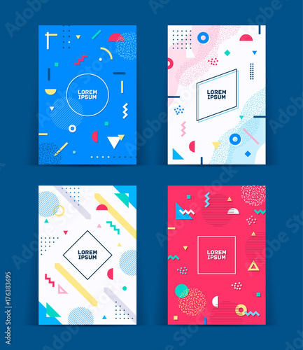 Set of neo memphis style covers. Collection of cool bright covers. Abstract shapes compositions. Vector.