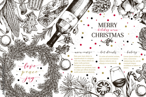 Christams menu. Vector sketched vintage style banner.Holiday reataurnat promotion. Xmas decoration, food. Cotton, gingerbread cookies, cocoa, wine, vegetables. New Year party. Business promotion