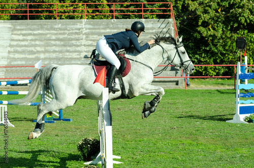 Equestrian sport, Young woman jockey ride beautiful white horse and jump over the crotch in equestrian sport