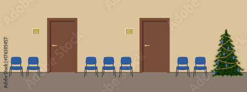 Waiting hall in a beige color. Corridor, decorated with Christmas decoration. There are blue chairs and a Christmas tree near the door in the picture. Vector flat illustration.