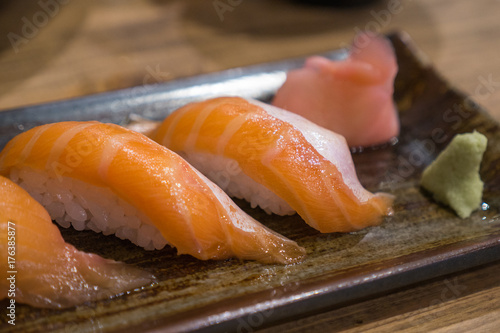 Salmon Sushi Fresh salmon on vinegared rice, japanese food.