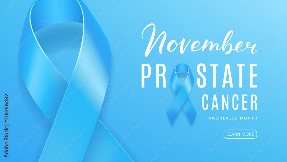 Fototapeta premium Concept of Web Banner for Prostate Cancer Awareness Month. Men Healthcare Symbol Template. Light Blue Background with Satin Ribbon and Lettering. Vector Illustration.