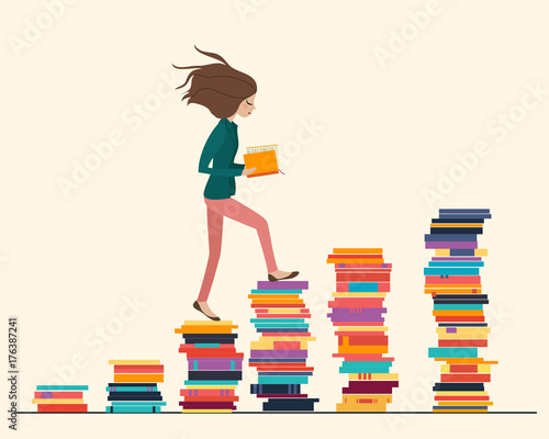 Girl reading a book and walking on the stair made of books