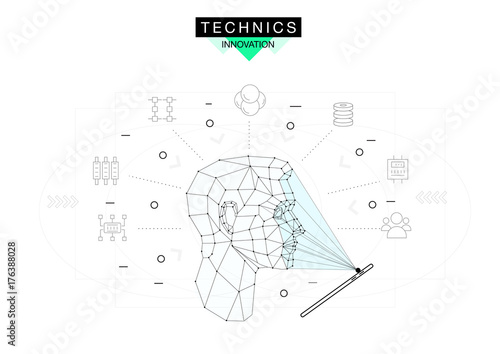 Trendy technics Innovation systems layouts in polygonal contour line composition, future analysis and technology operations. Made in awesome realy geometry style with linear pictogram of future design