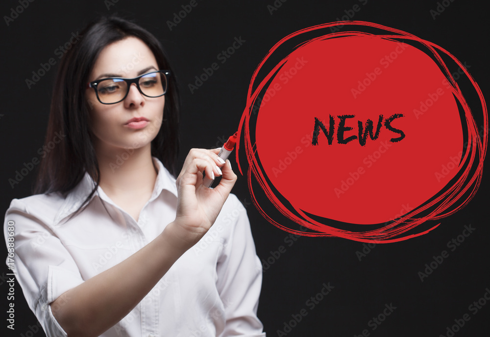 The concept of marketing, technology, the Internet and the network. A young businessman shows what is important for business: News The concept of marketing, technology, the Internet and the network. A young businessman shows what is important for business: News