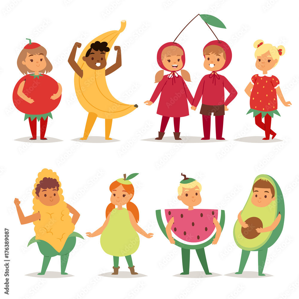 Cartoon kids fruits festive costume boys and girls fancy dress childhood  party characters vector illustration. Stock Vector | Adobe Stock