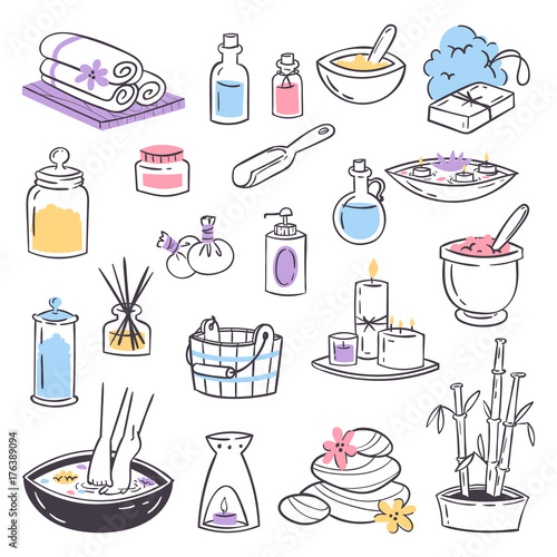 Spa massage therapy cosmetic treatments icons beauty massage relaxation herbal hand drawn natural therapy health care vector illustration