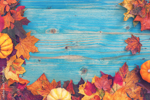 Autumn background with colorful leaves and pumpkins 