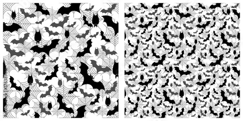 Seamless on transparent background. Three layers of black bats, gray bats and gray cobweb are overlay. Single pattern is shown in the left. The example of assembly seamless is shown in the right.  