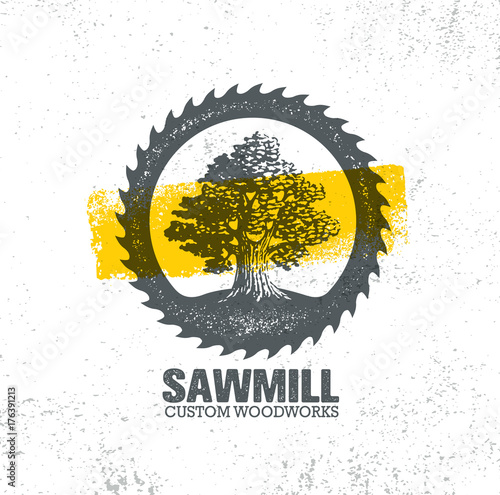 Sawmill Reclaimed Wood Artisan Carpentry Creative Rough Design Element On Grunge Background. Old Oak Tree