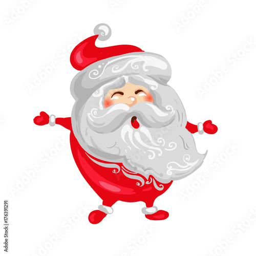 Happy Santa Claus Christmas and New Year funny cute character in welcome position with curly beard and red cheeks