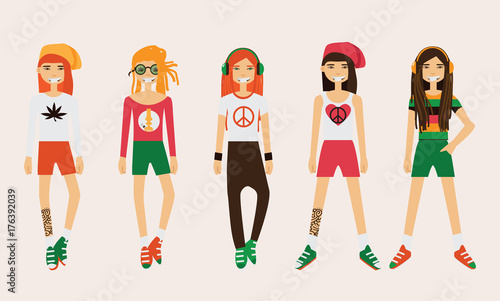 Vector rastafarian man character. Spare body parts in various clothes, different emotions set, rasta dreadlocks of different hairstyle. Creation male character collection