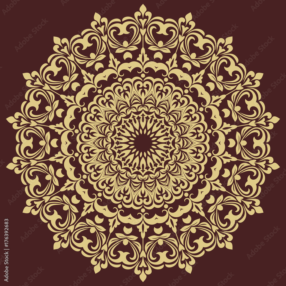 Oriental vector round pattern with golden arabesques and floral elements. Traditional classic ornament. Vintage pattern with arabesques