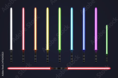 Futuristic light sabers set. Collection of glowing laser swords photo