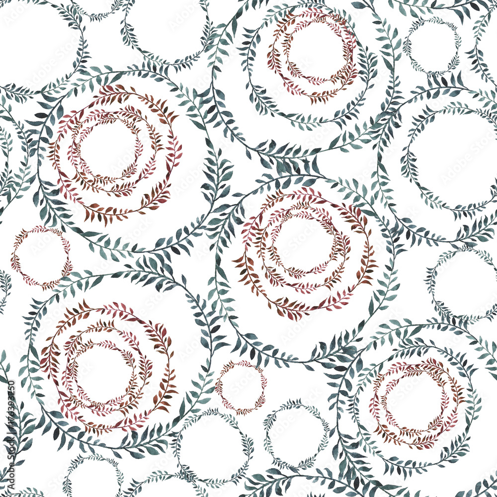 A watercolor seamless pattern with circles of branches and leaves, floral wreaths on a white background. A watercolor seamless pattern with circles of branches and leaves, floral wreaths on a white background.