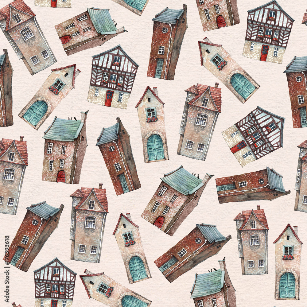 Seamless pattern with hand painted in watercolor old houses