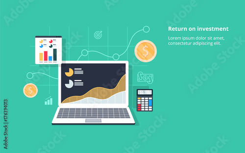 Return on investment, ROI, Business, profit, flat vector conceptual banner illustration with icons photo