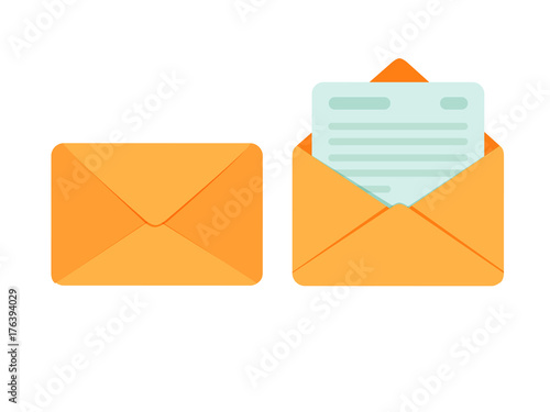 Opened and closed envelope with note paper card. Mail icon. Vector illustration photo