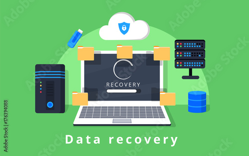 Data recovery, data backup, restoration and security flat design vector with icons