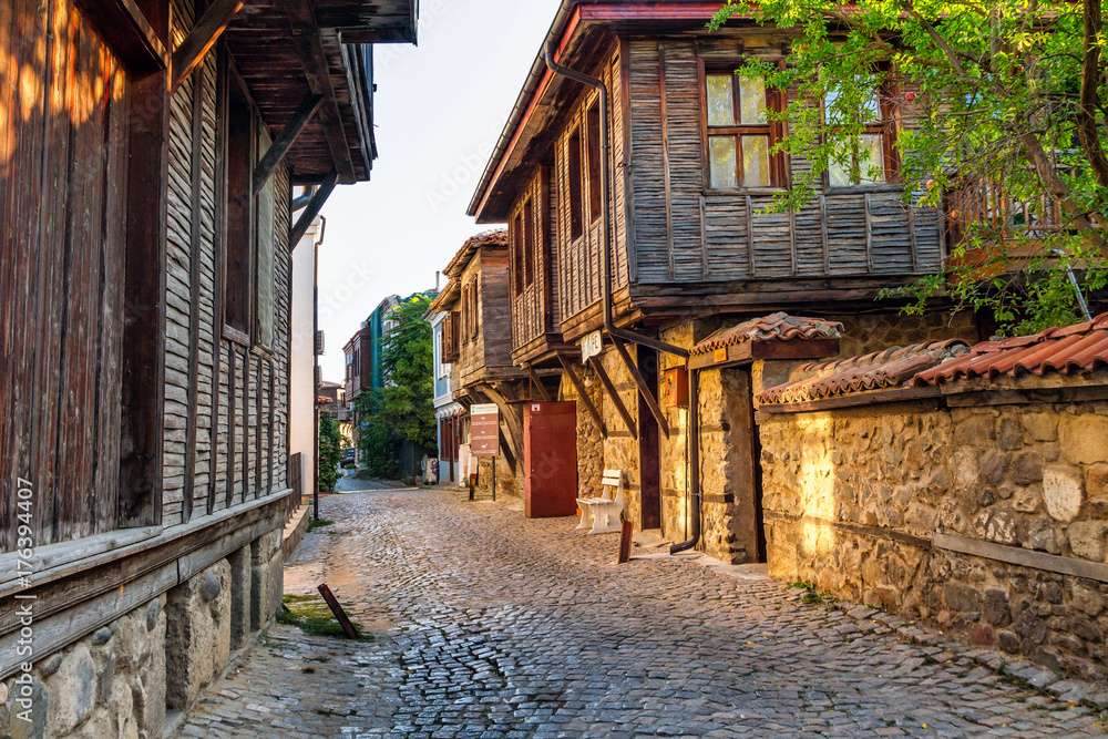 City landscape - old streets and homes in balkan style, town of Sozopol on the Black Sea coast in Bulgaria, September 14, 2017
