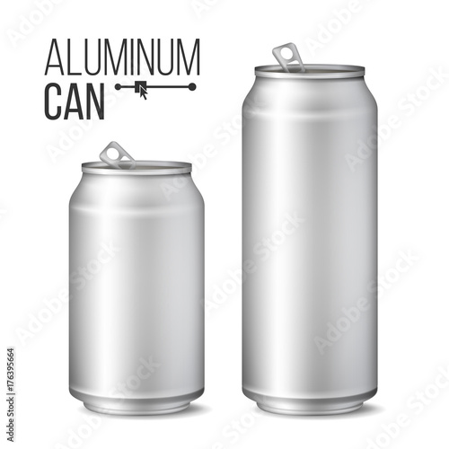 Blank Metallic Can Vector. Silver Can. 3D packaging. Mock Up Metallic Cans For Beer Or Soft Drink. 500 And 300 ml. Isolated On White Illustration