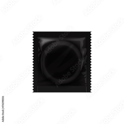 Realistic Black Blank template Packaging with a condom for your design and logo. Vector Mock Up illustration