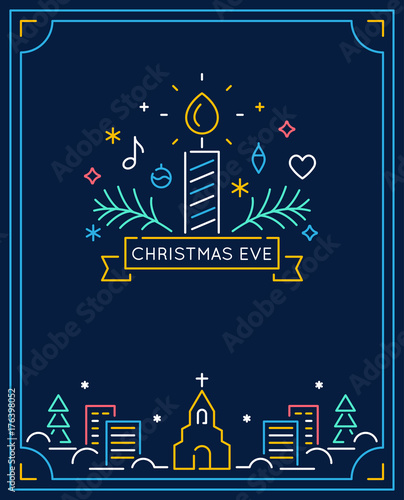 Candle and Ornaments, Winter Town and Church Outline. Christmas Eve Candlelight Service Invitation. Line Art Vector Design