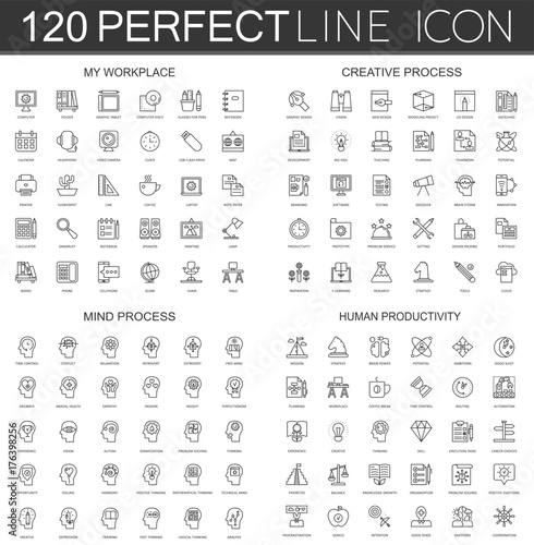 120 modern thin line icons set of my workplace, creative process, mind process, human productivity. photo