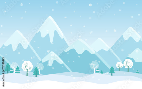Vector Simple flat illustration of Winter Mountains landscape with trees  pines and hills.