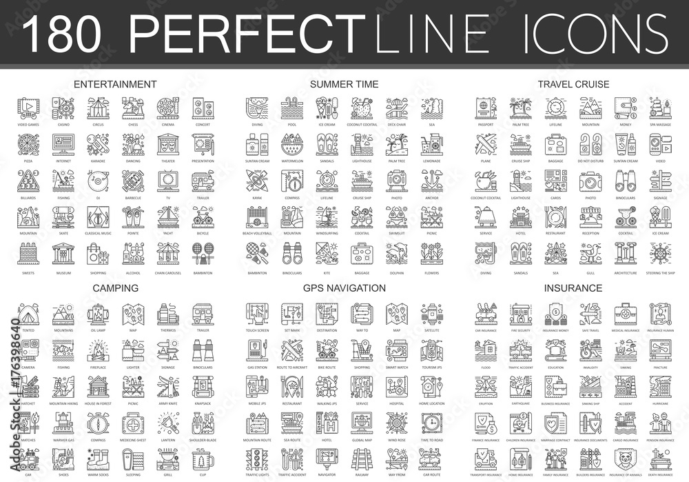 180 outline mini concept icons symbols of entertainment, summer time, travel cruise, camping, gps navigation, insurance icon.