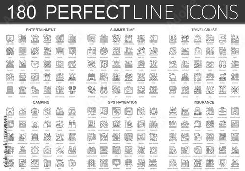 180 outline mini concept icons symbols of entertainment, summer time, travel cruise, camping, gps navigation, insurance icon.