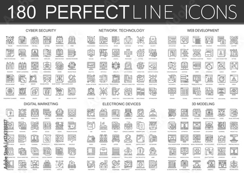 180 outline mini concept infographic symbol icons of cyber security, network technology, web development, digital marketing, electronic devices, 3d modeling.