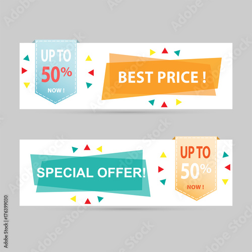 Flat geometric discount tags vector banners.