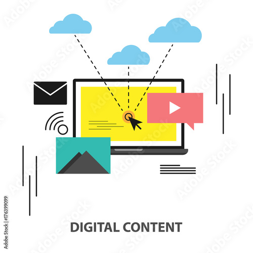 Vector digital content, content marketing, social media sharing flat design.
